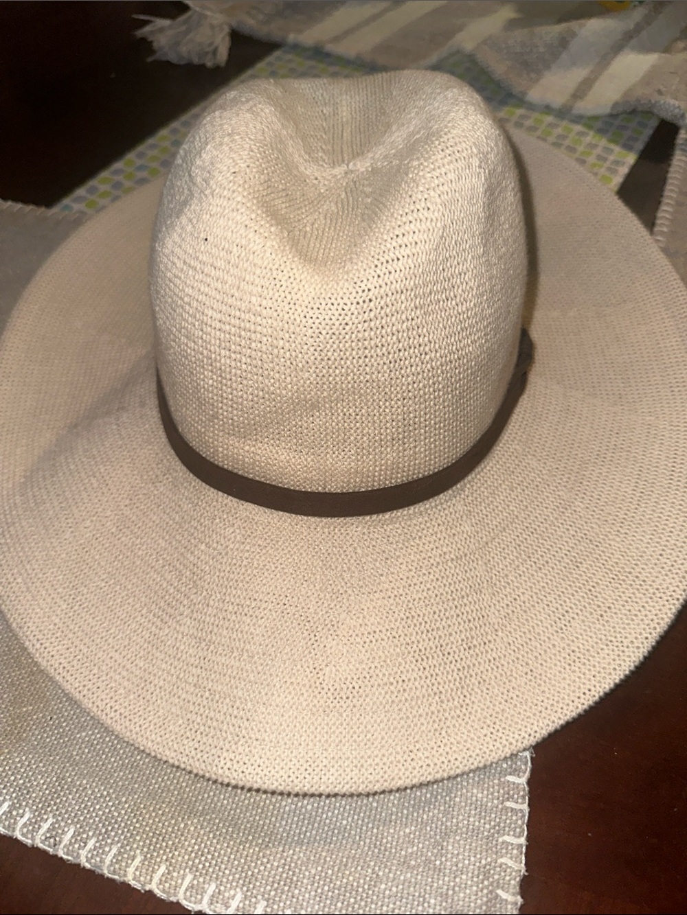 Women’s Cream Wide-Brim Sun Hat with Brown Trim